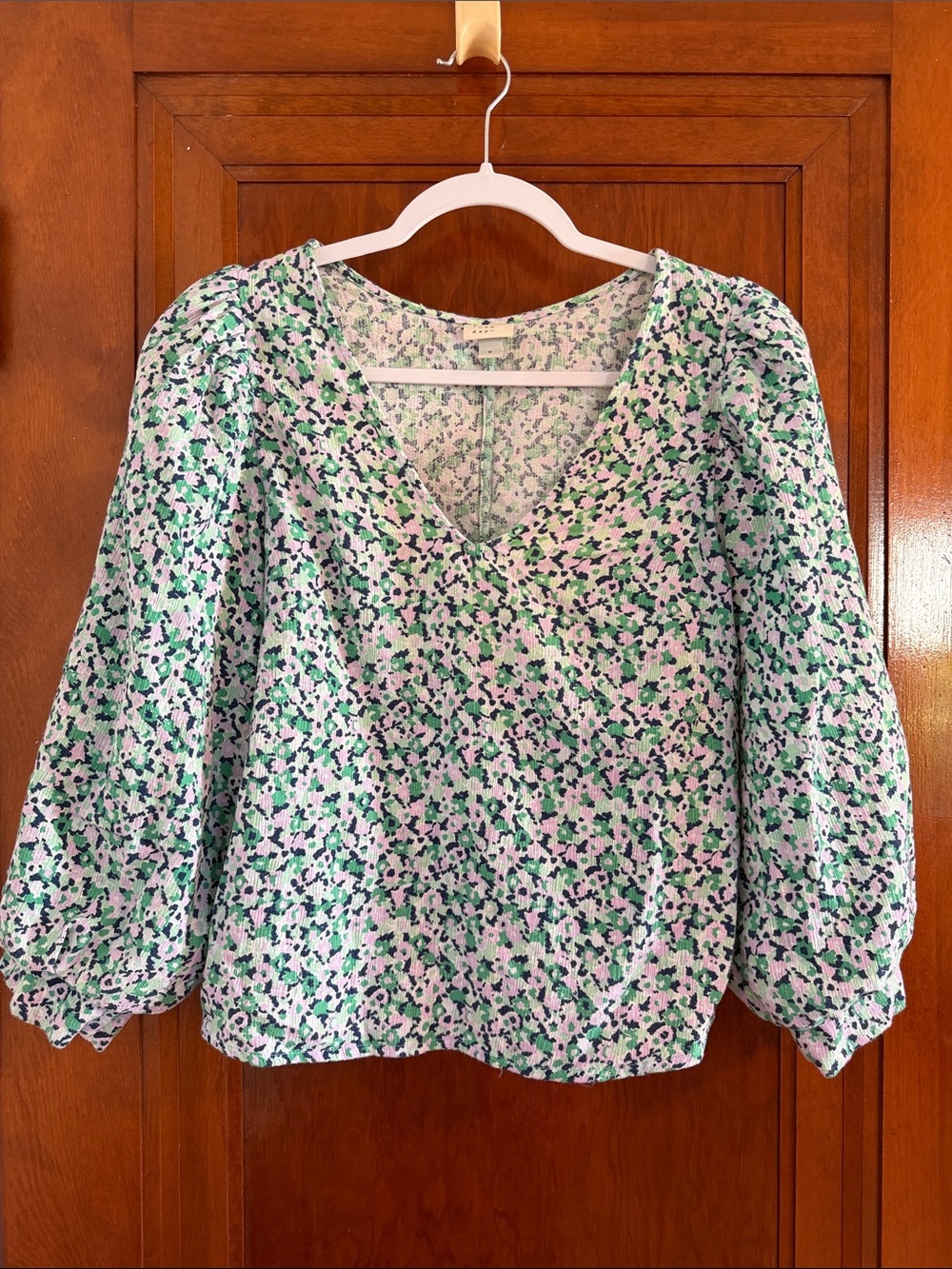 Green and Pink Floral V-Neck Puff Sleeve Blouse